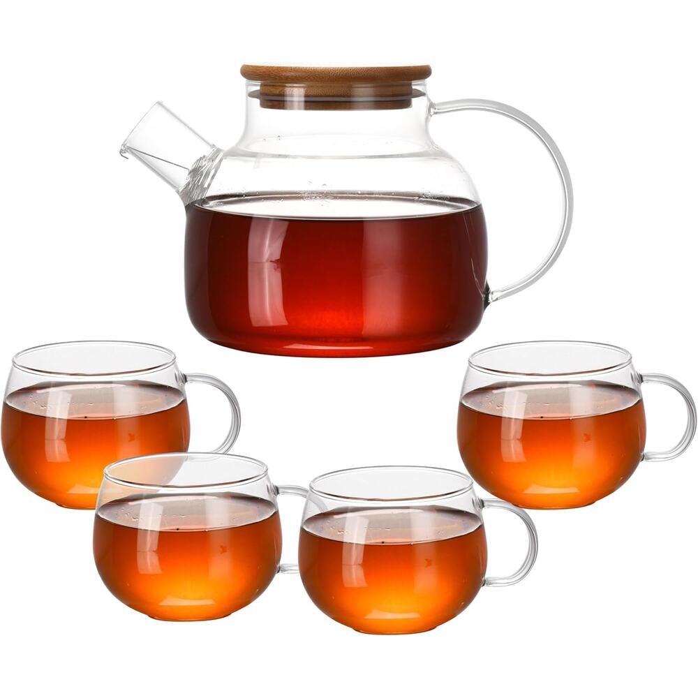 Whole Housewares Glass Teapot Set w/ Bamboo Lid + 4 Mugs | Microwave Safe